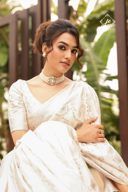 White Satin Silk Jaal Banarasi Saree