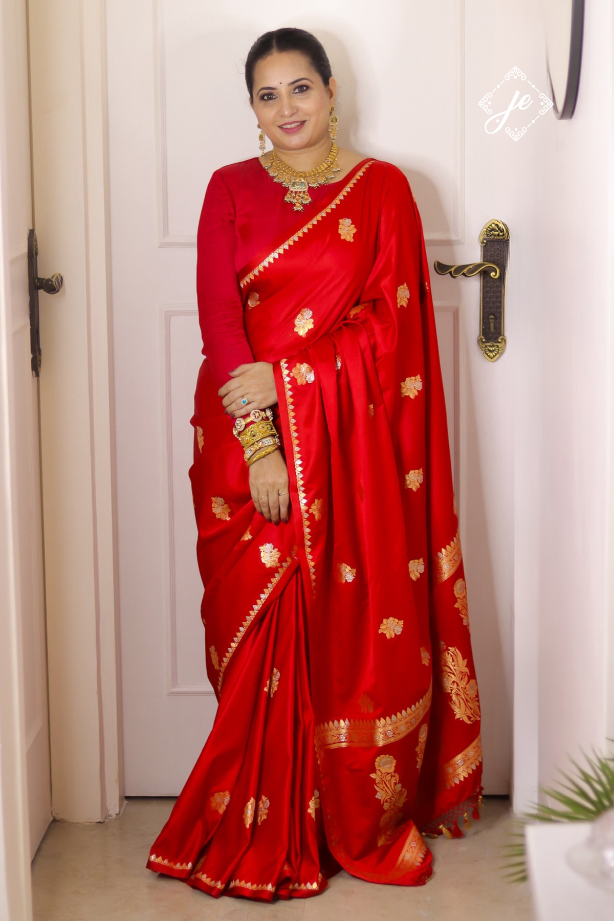 Red Satin Silk Buti Banarasi Saree