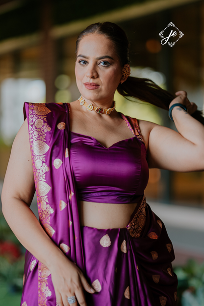 Purple Open Border Satin Silk Banarasi Saree