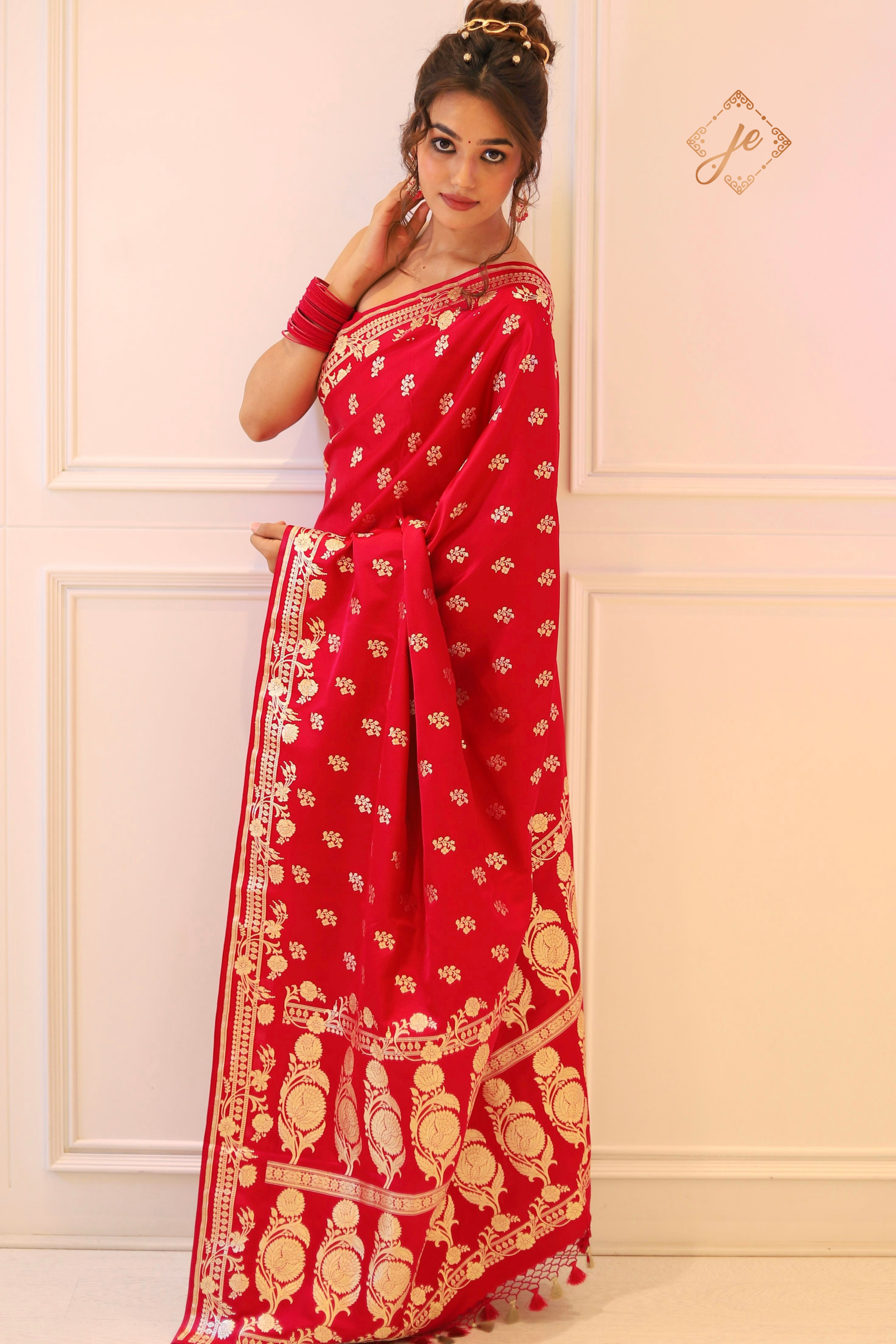 Red Pure Handloom Fancy Border Buti Banarasi Saree