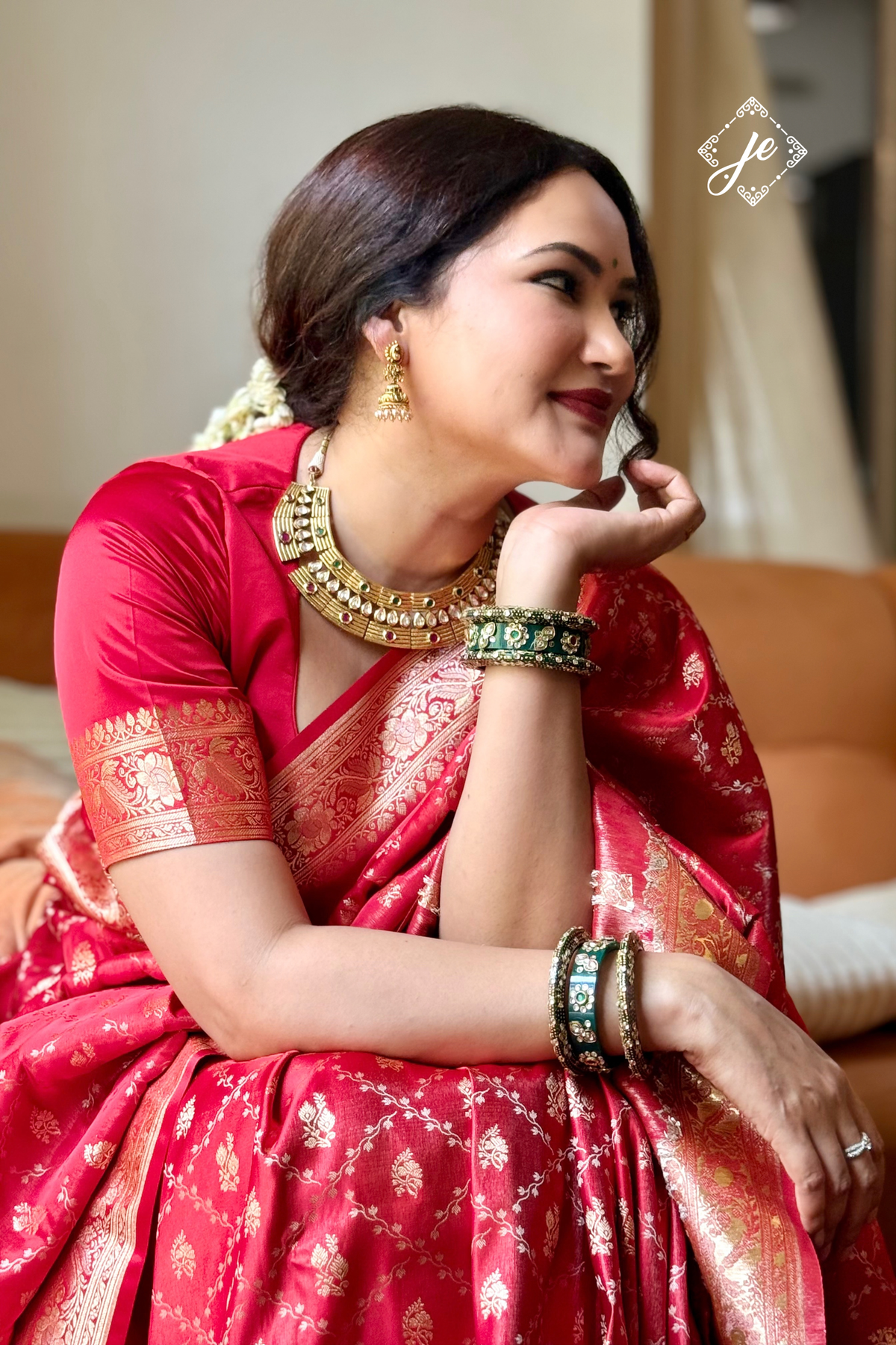 Red Satin Tissue Silk Jaal Banarasi Saree