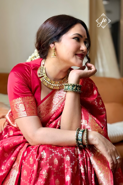 Red Satin Tissue Silk Jaal Banarasi Saree