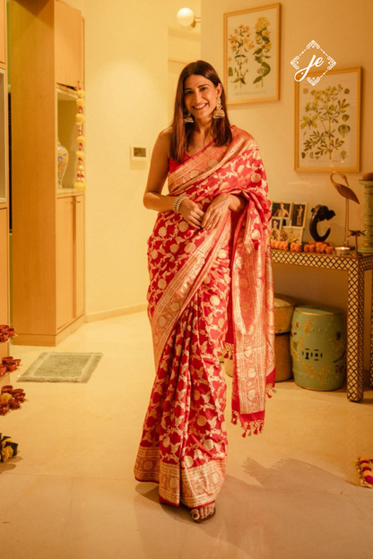 Red Pure Silk Jaal Handloom Banarasi Saree