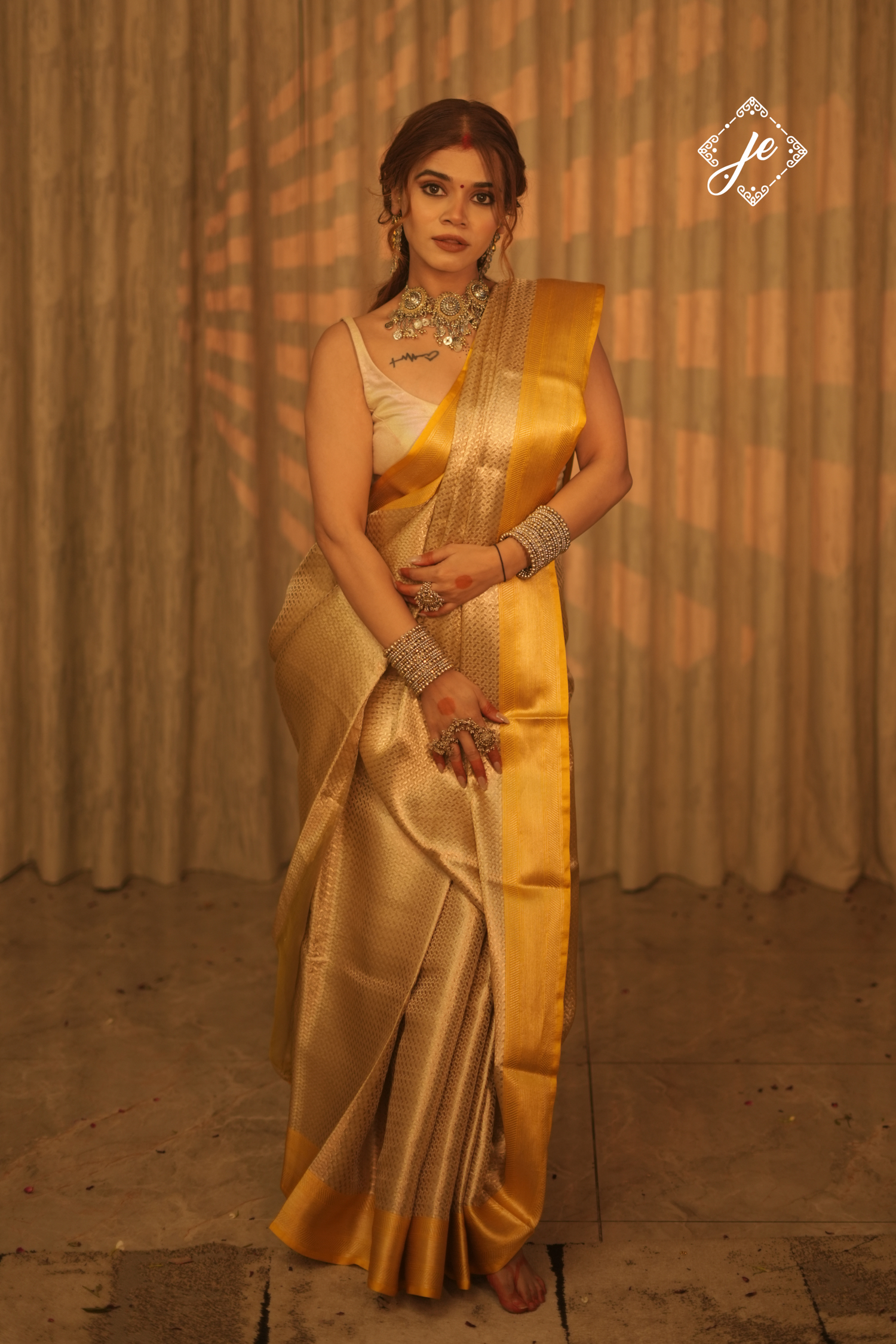 Beige Tissue Silk with Yellow Border Banarasi Saree