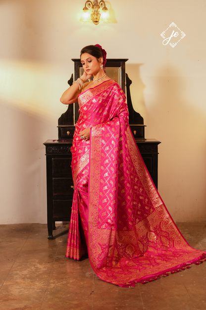 Rani Pink Satin Tissue Silk Jaal Banarasi Saree