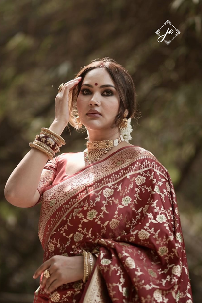 Maroon Satin Silk Jaal Banarasi Saree