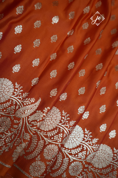 Rust Orange Satin Silk Fancy Border Banarasi Saree