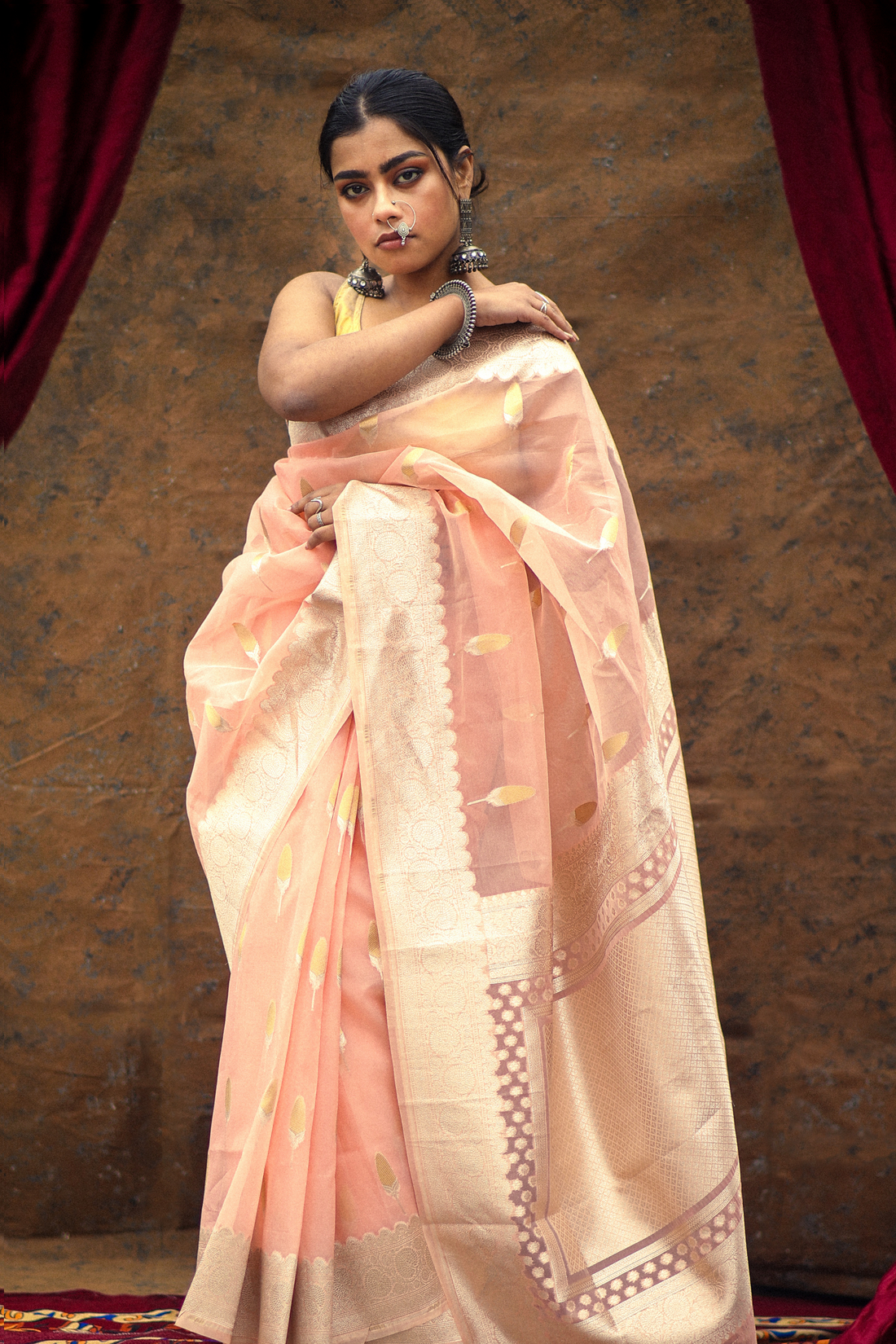 Peach Organza Rupa Sona Buti Banarasi Saree