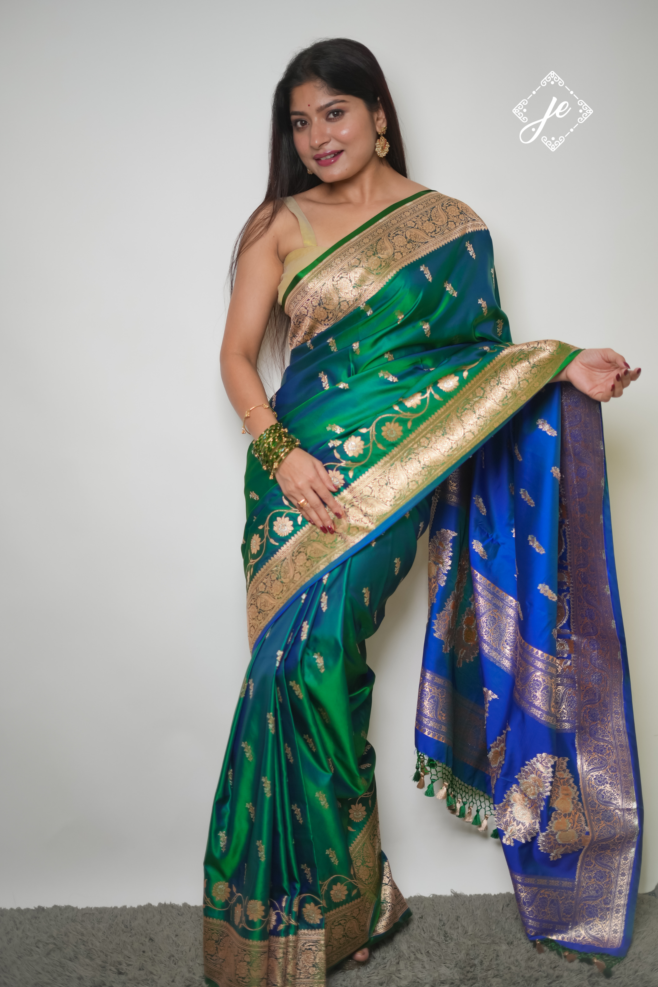 Dual Tone Green Blue Satin Silk Banarasi Saree
