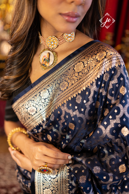 Navy Blue Satin Silk Jaal Banarasi Saree