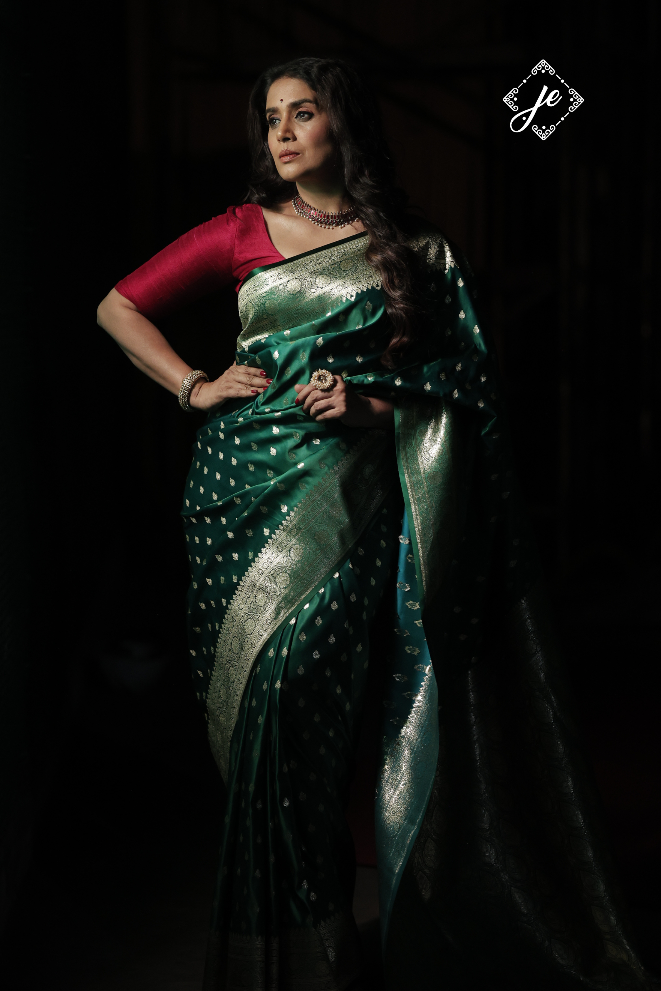 Bottle Green Satin Silk Banarasi Saree