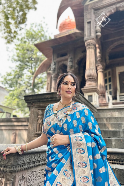 Cobalt Blue Satin Silk Meenakari Buti Banarasi Saree