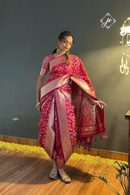 Pink Rangkaat Satin Silk Jaal Banarasi Saree