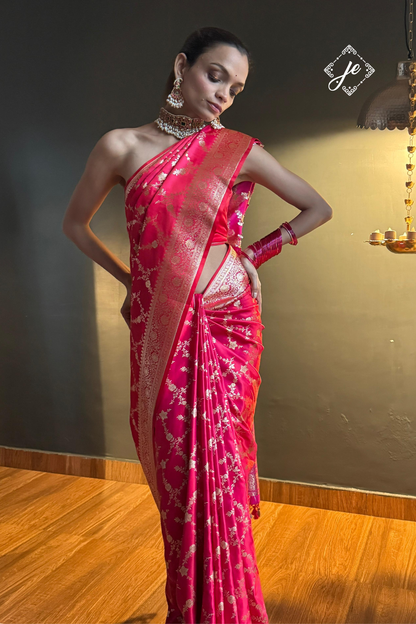 Dual Tone Red Satin Silk Jaal Banarasi Saree