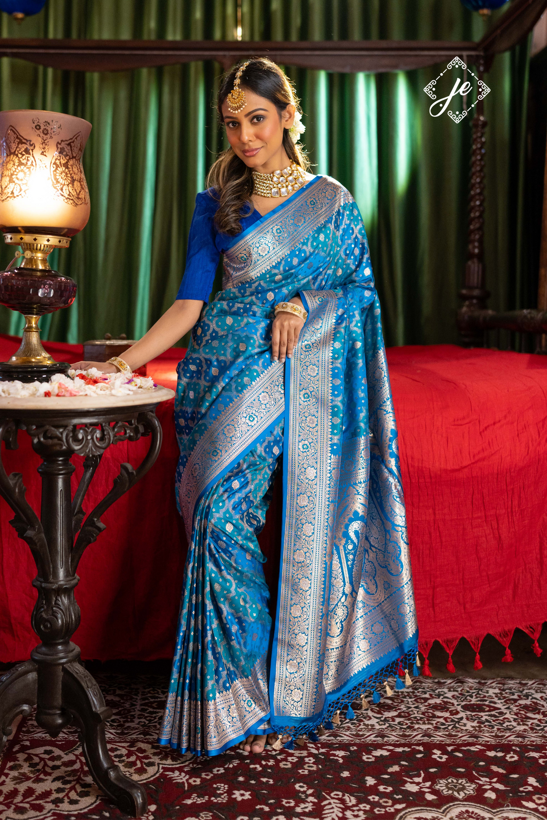 Blue Rangkaat Satin Silk Jaal Banarasi Saree