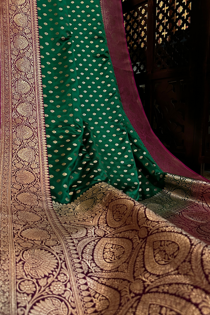 Bottle Green Satin Silk Banarasi Saree