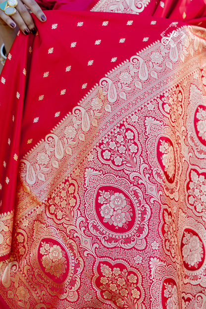 Red Satin Silk Buti Banarasi Saree