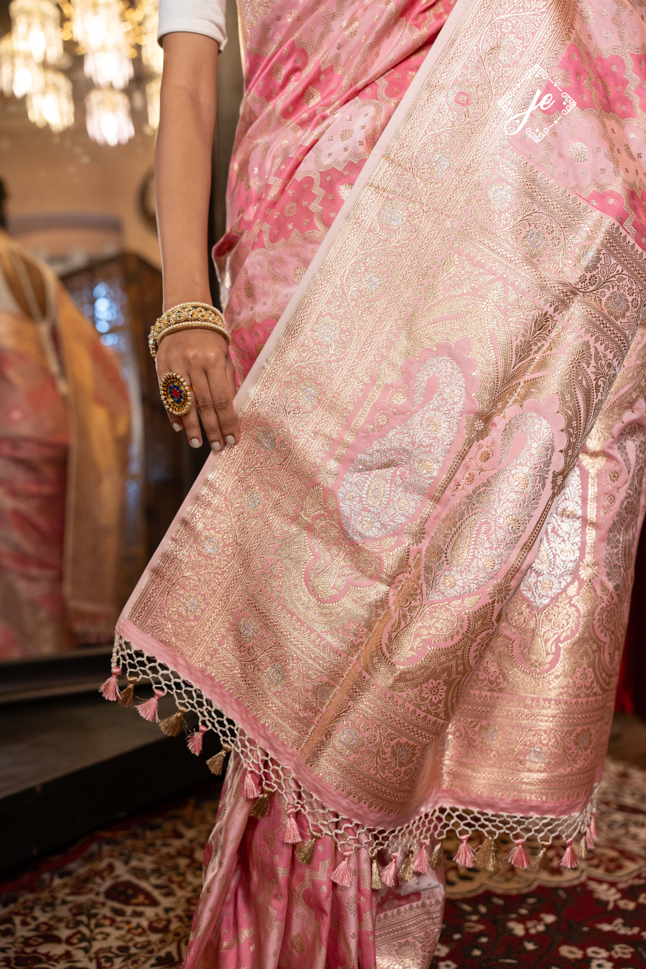 Rose Pink Rangkaat Satin Silk Jaal Banarasi Saree