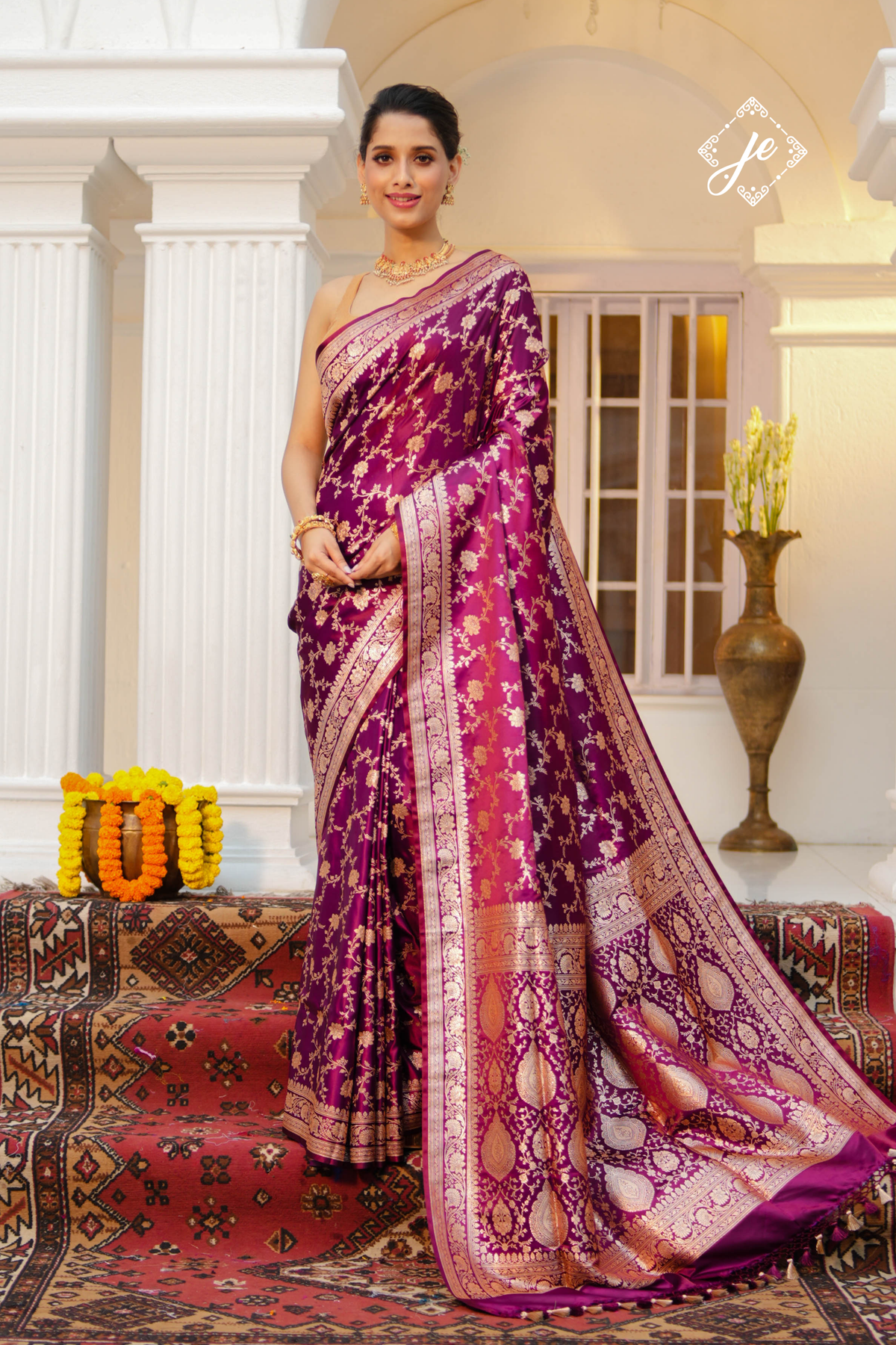 Purple Satin Silk Jaal Banarasi Saree