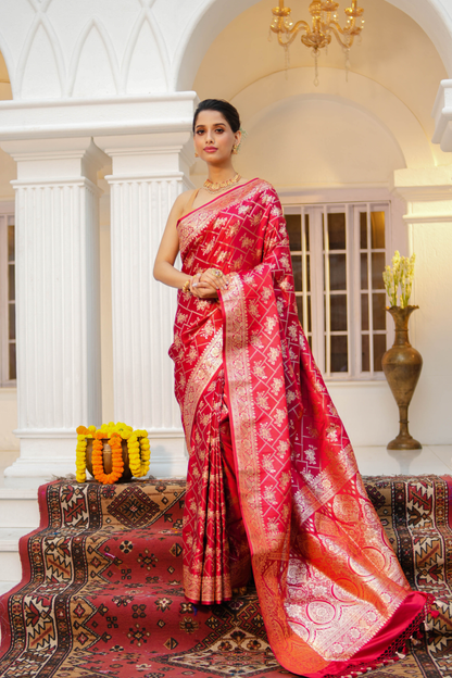Red Satin Tissue Silk Jaal Banarasi Saree