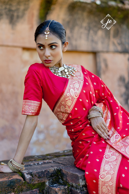 Red Satin Silk Buti Banarasi Saree 