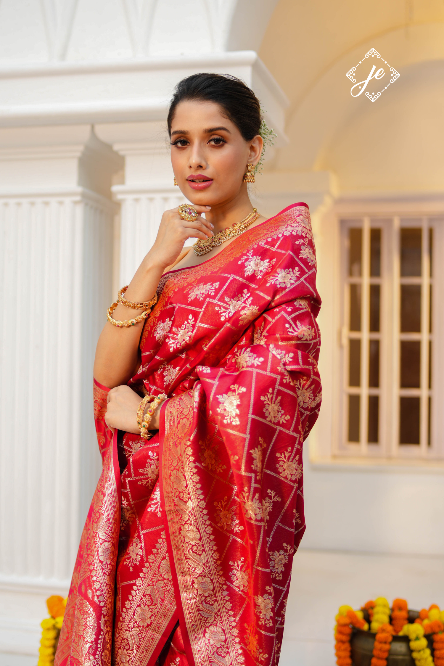 Red Satin Tissue Silk Jaal Banarasi Saree
