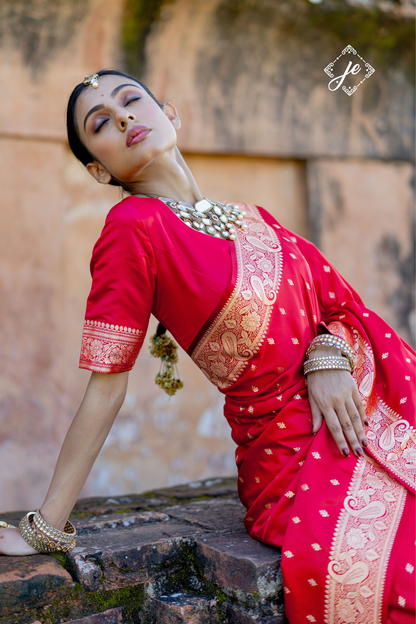 Red Satin Silk Buti Banarasi Saree