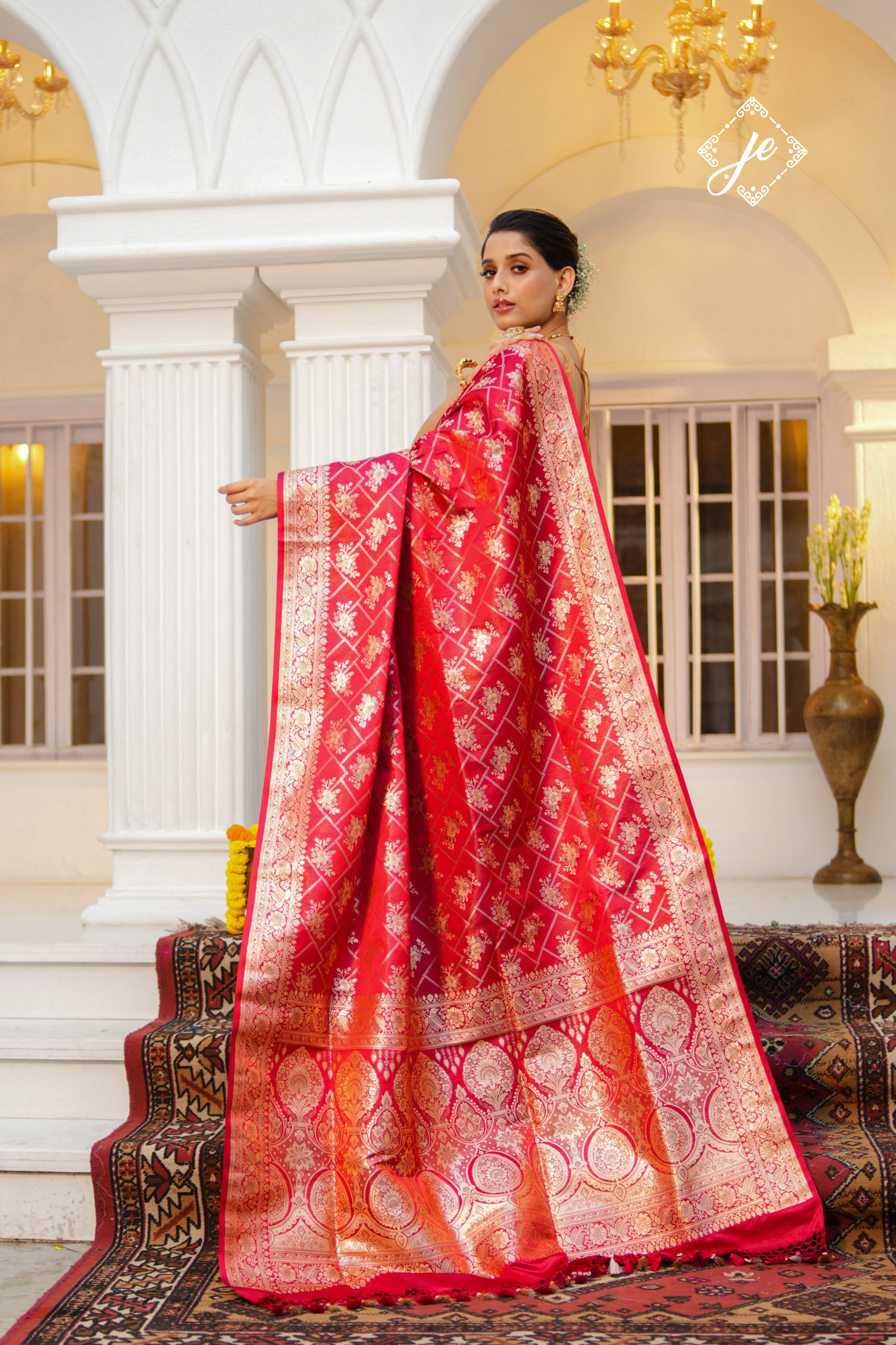 Red Satin Tissue Silk Jaal Banarasi Saree