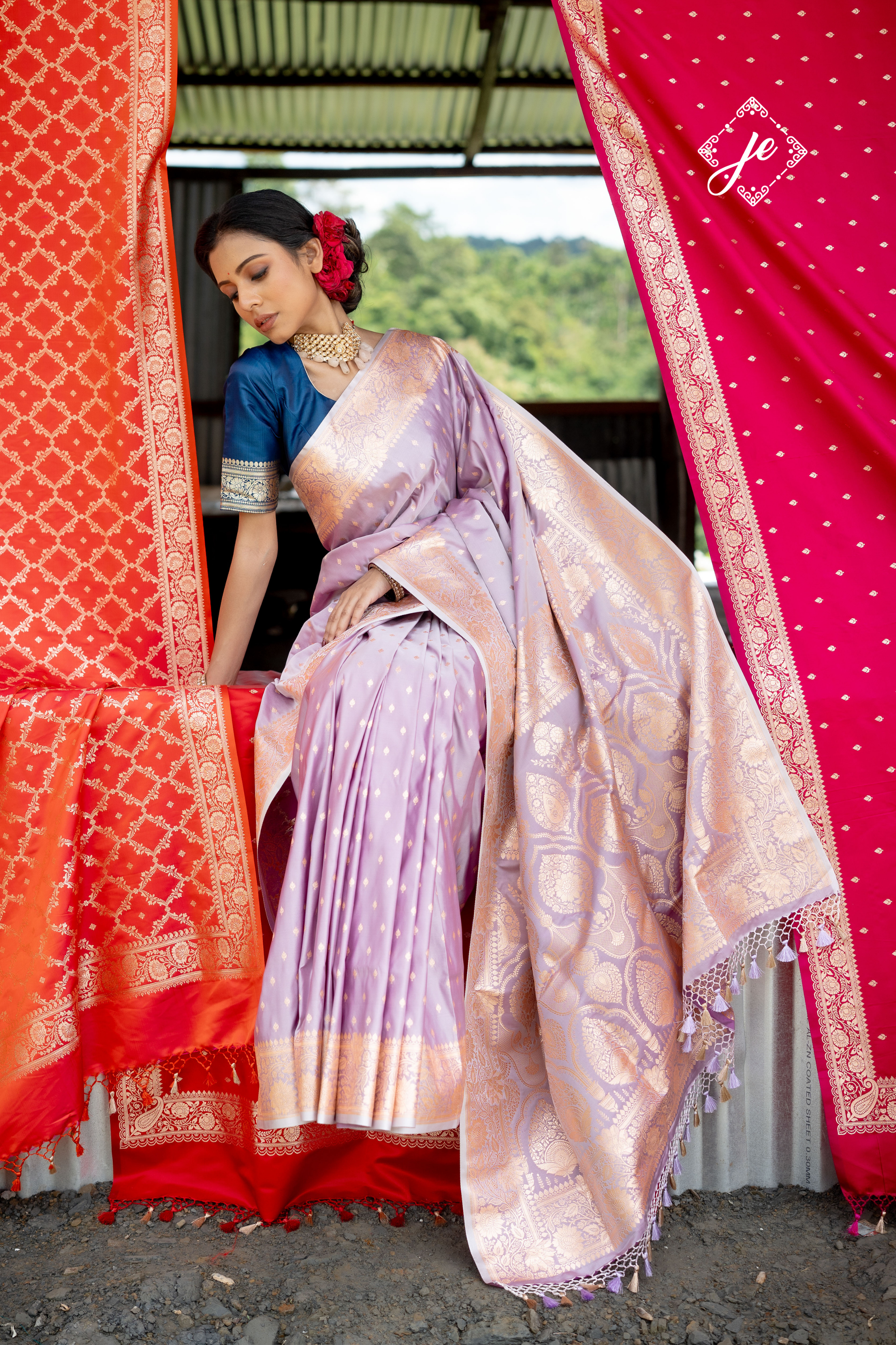 Lilac Satin Silk Buti Banarasi Saree