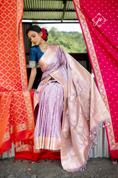 Lilac Satin Silk Buti Banarasi Saree