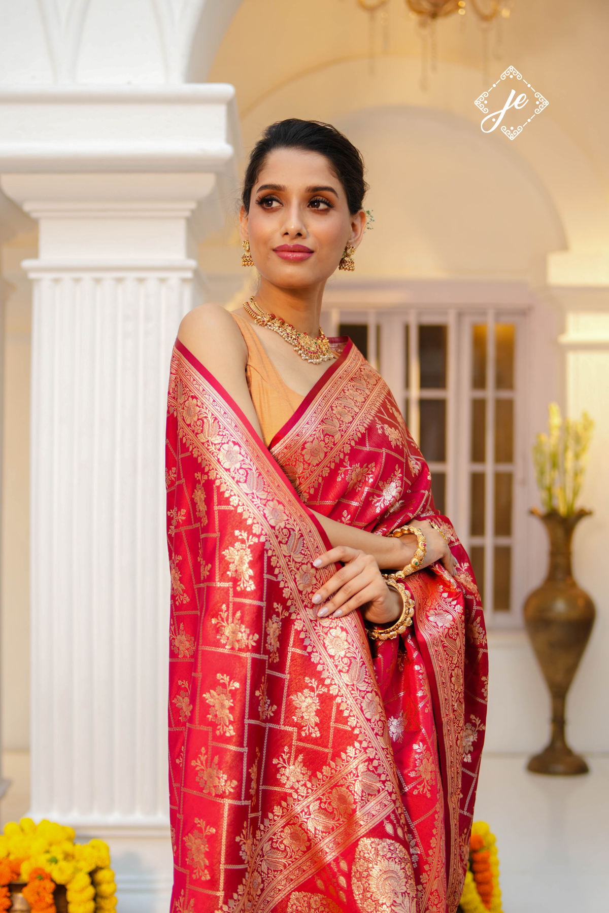 Red Satin Tissue Silk Jaal Banarasi Saree