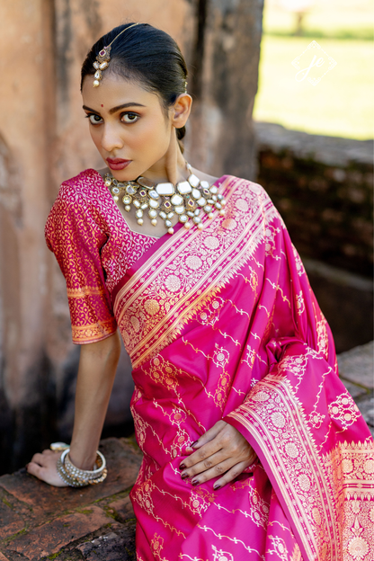 Rani Pink Satin Silk Striped Banarasi Saree 