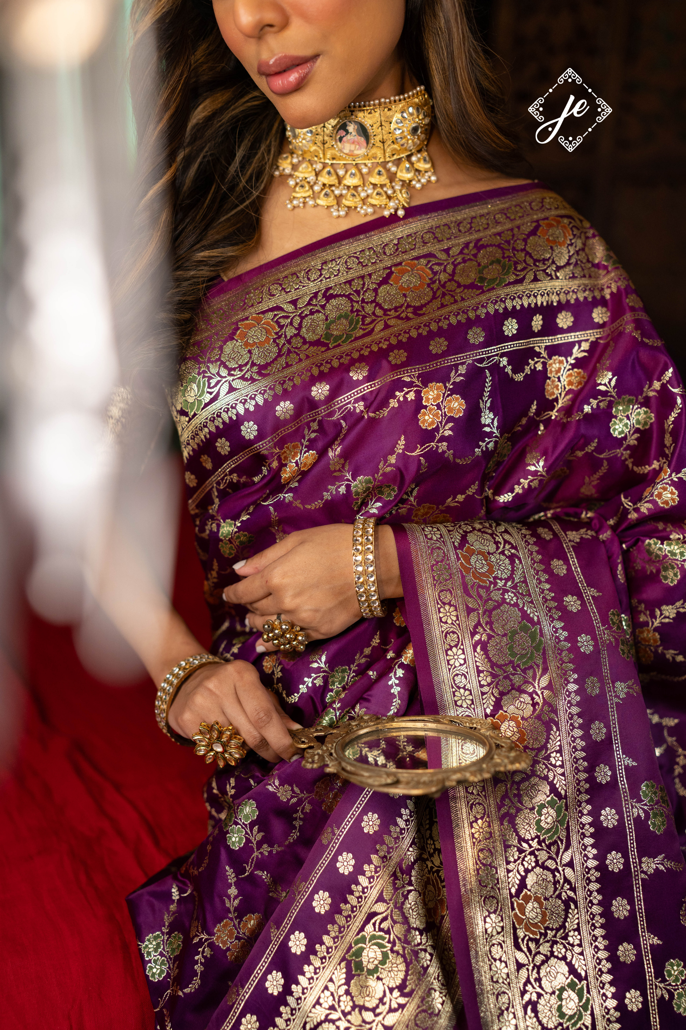 Purple Satin Silk Meenakari Jaal  Banarasi Saree