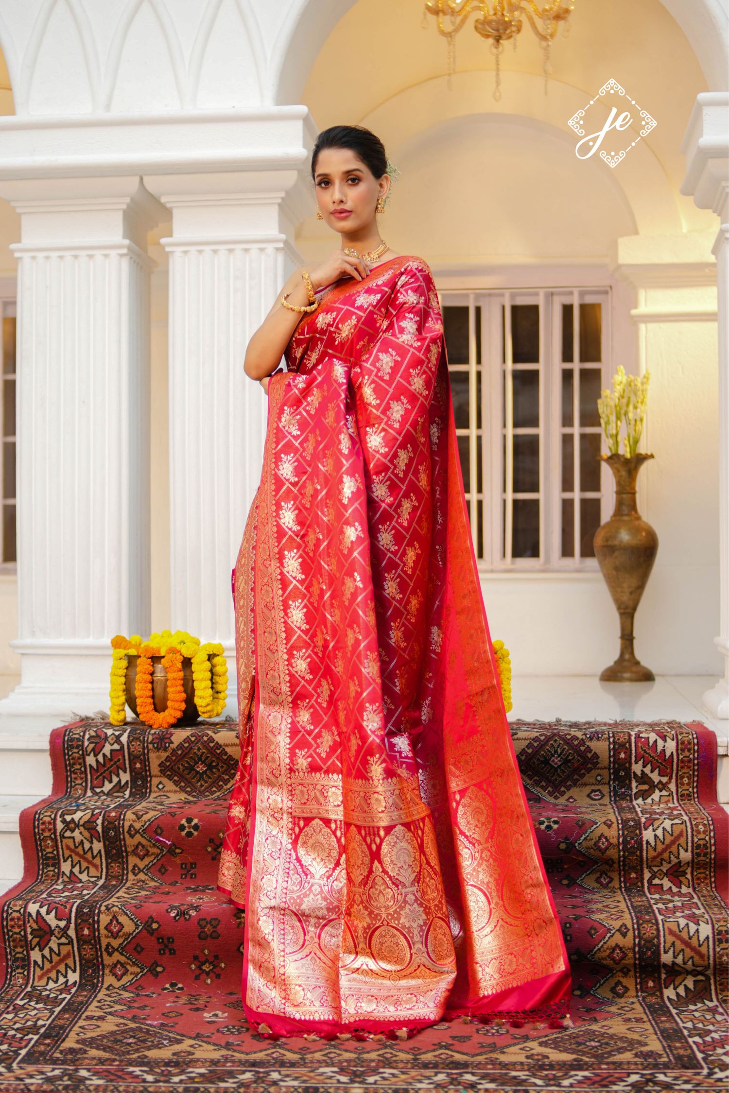 Red Satin Tissue Silk Jaal Banarasi Saree