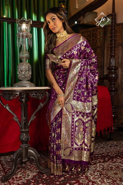 Purple Satin Silk Meenakari Jaal  Banarasi Saree