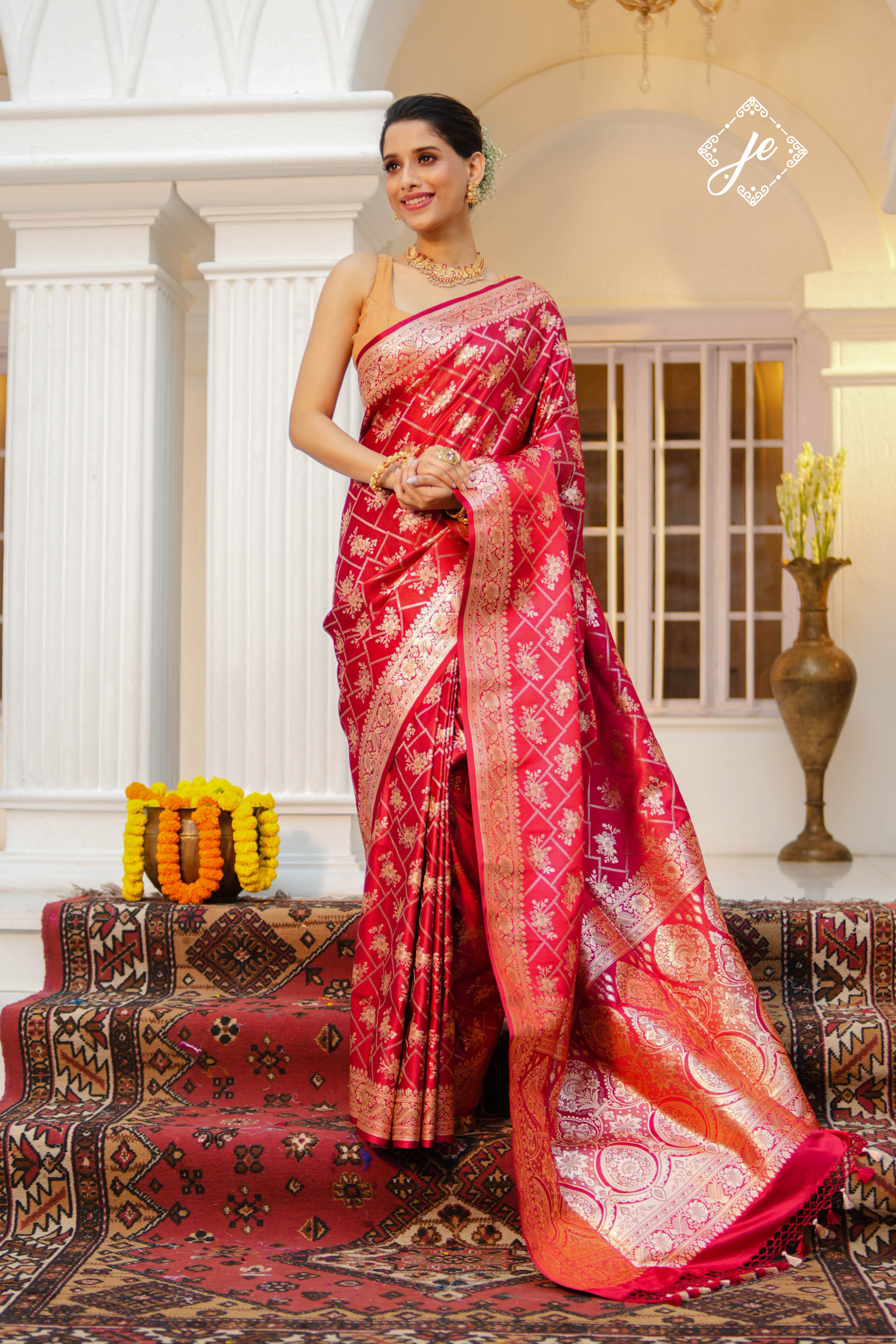 Red Satin Tissue Silk Jaal Banarasi Saree