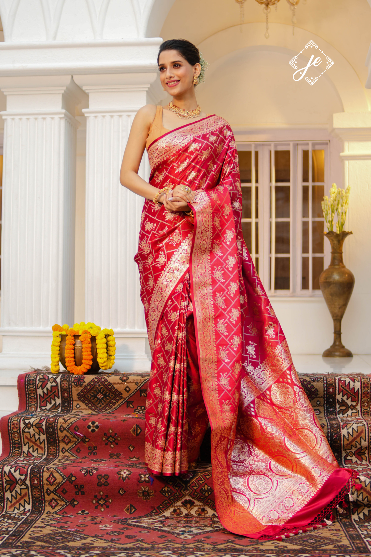 Red Satin Tissue Silk Jaal Banarasi Saree