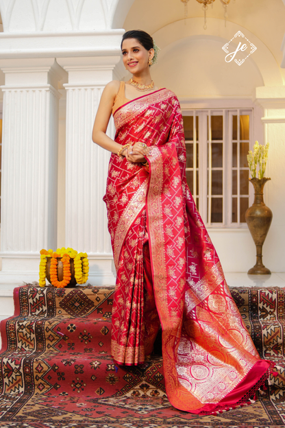 Red Satin Tissue Silk Jaal Banarasi Saree