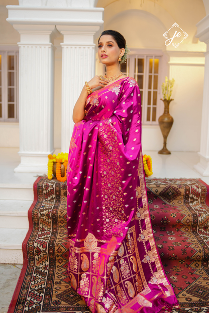 Magenta Satin Silk Buti Banarasi Saree