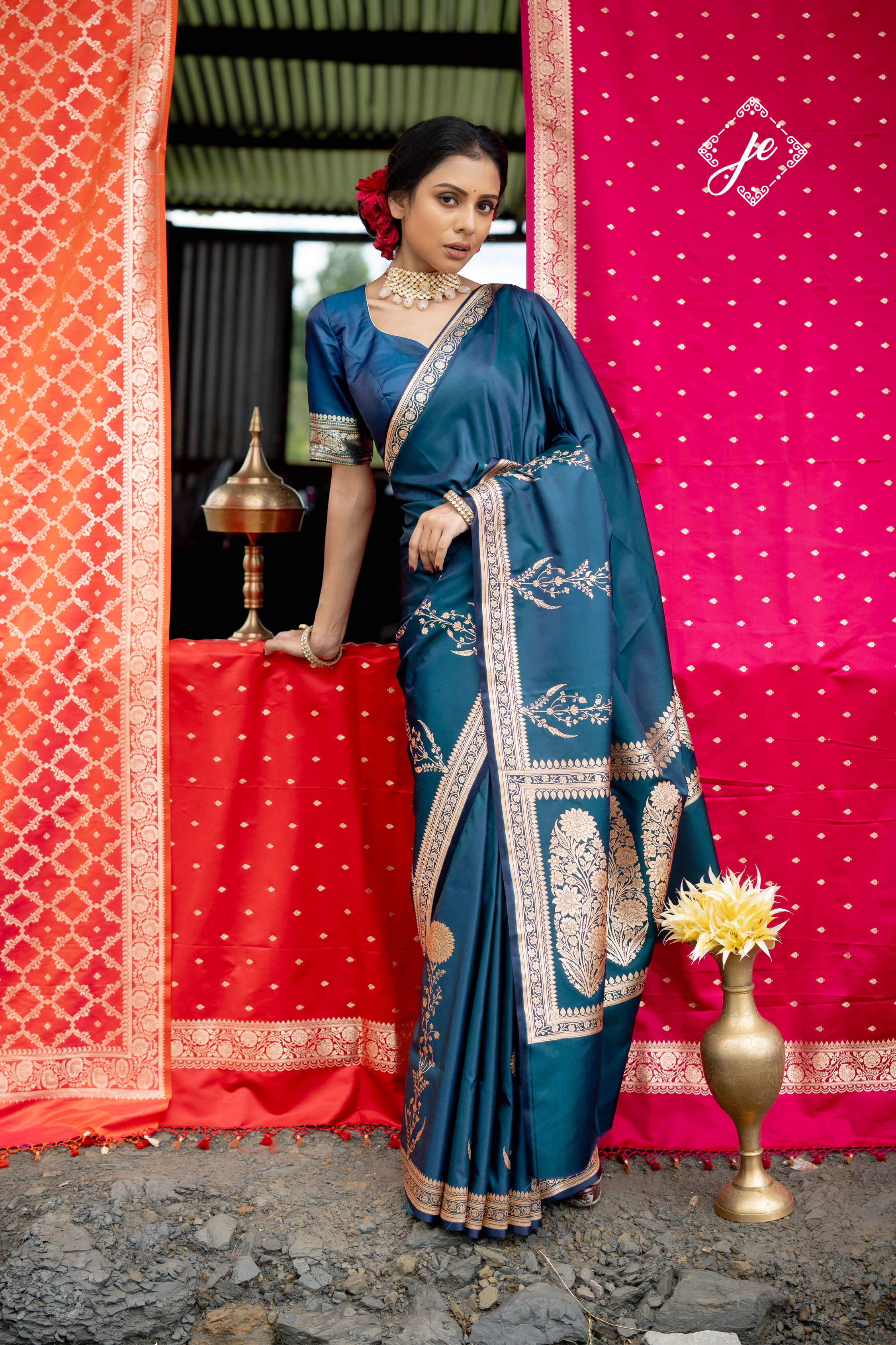 German Blue Mashru Silk Banarasi Saree