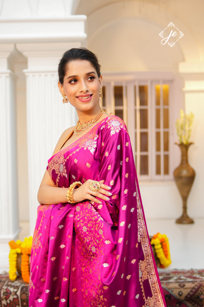 Magenta Satin Silk Buti Banarasi Saree