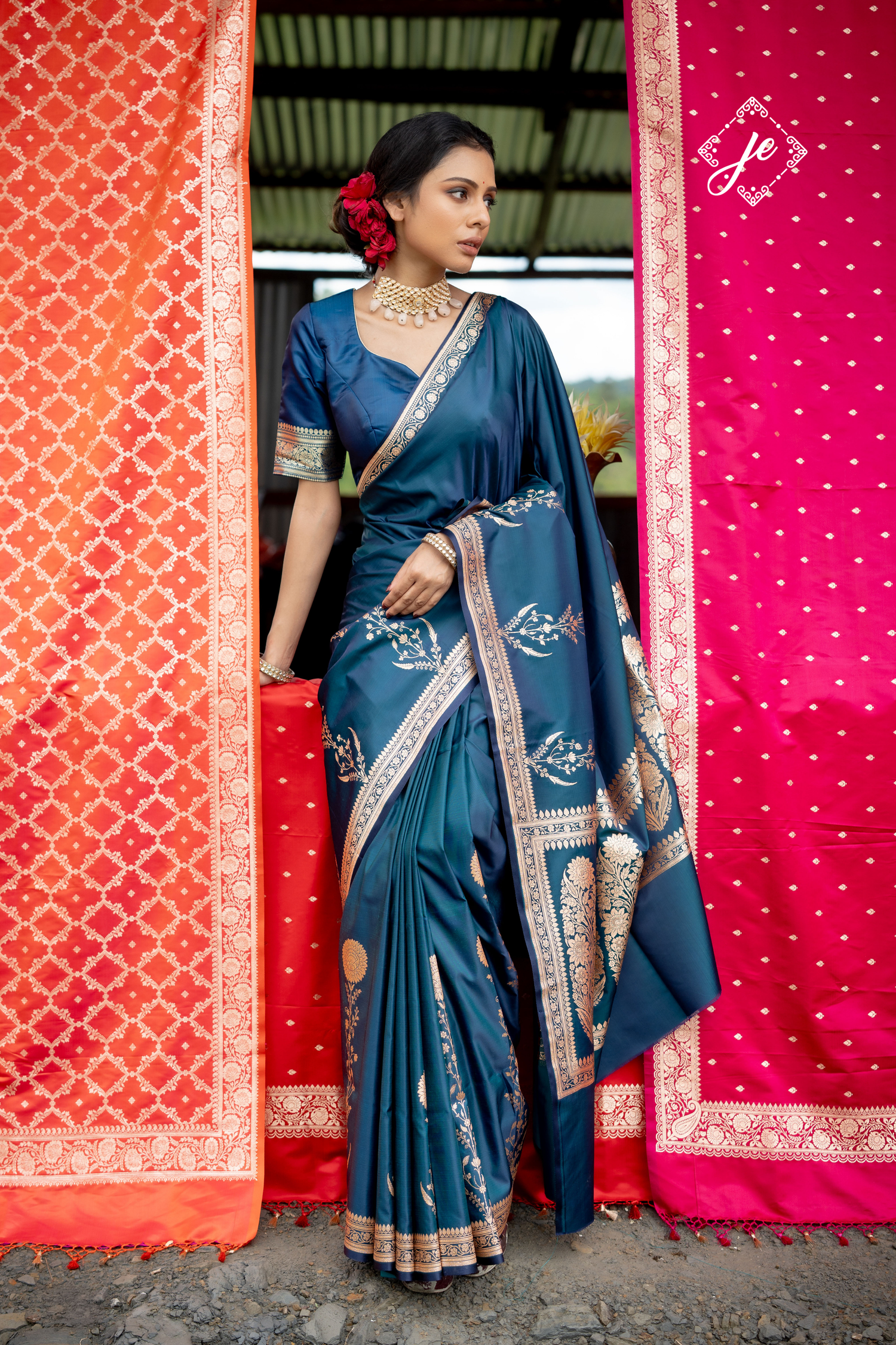 German Blue Mashru Silk Banarasi Saree