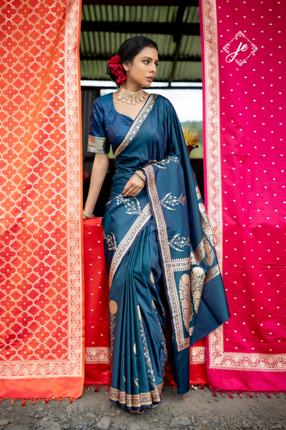 German Blue Mashru Silk Banarasi Saree