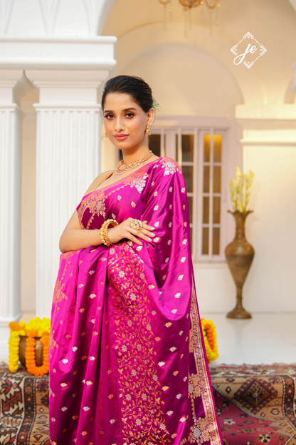 Magenta Satin Silk Buti Banarasi Saree