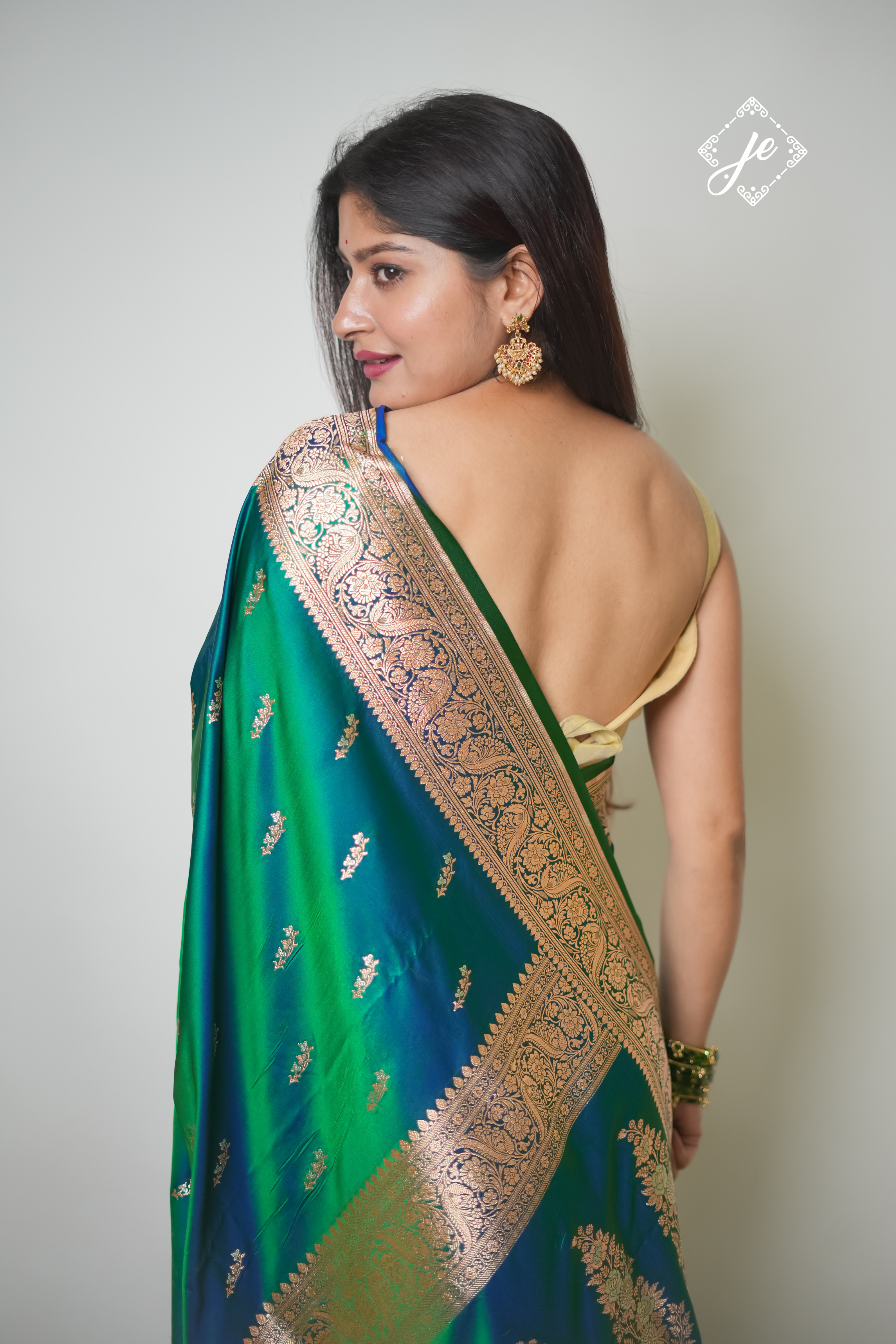 Dual Tone Green Blue Satin Silk Banarasi Saree