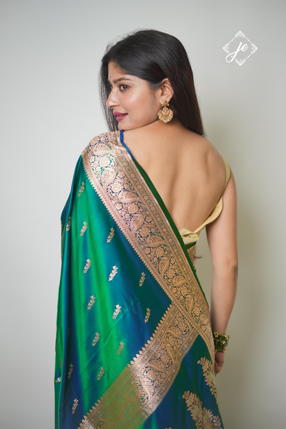 Dual Tone Green Blue Satin Silk Banarasi Saree