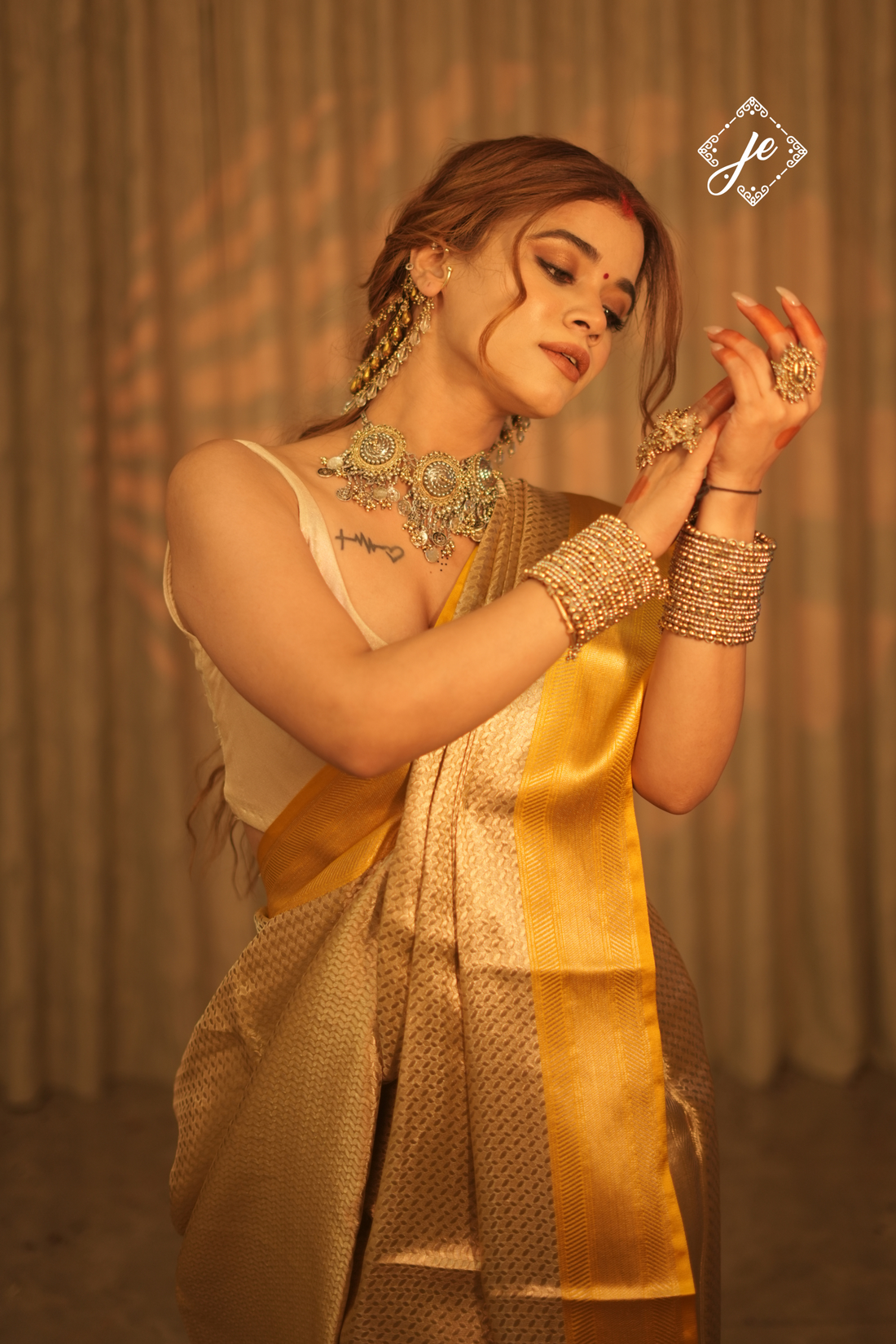 Beige Tissue Silk with Yellow Border Banarasi Saree