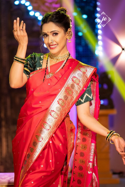 Rose Red Satin Silk Meenakari Banarasi Saree