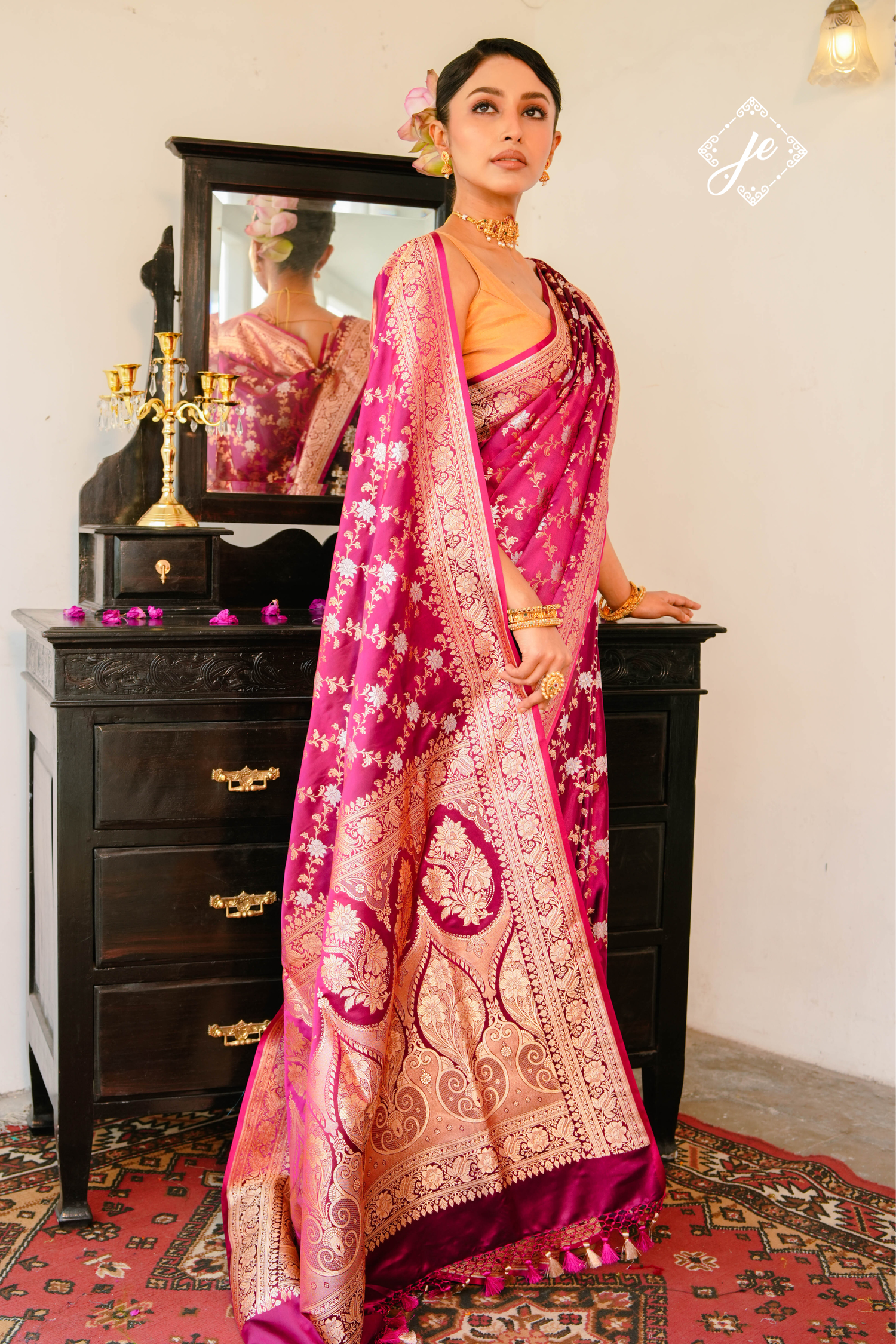 Wine Satin Silk Jaal Banarasi Saree