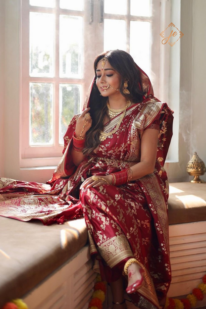 Maroon Satin Silk Jaal Banarasi Saree